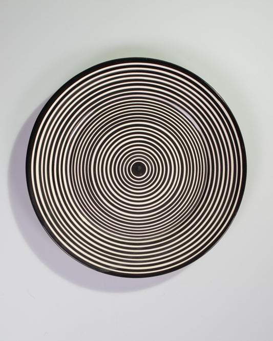 Handmade ceramic platter geometric pattern black and white B&W