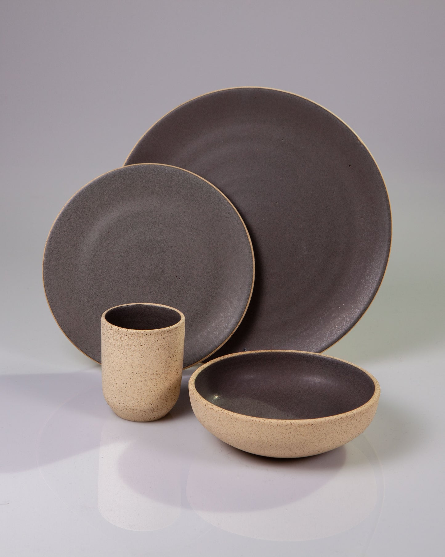 Handmade ceramic place setting plates cup bowl grey organic texture