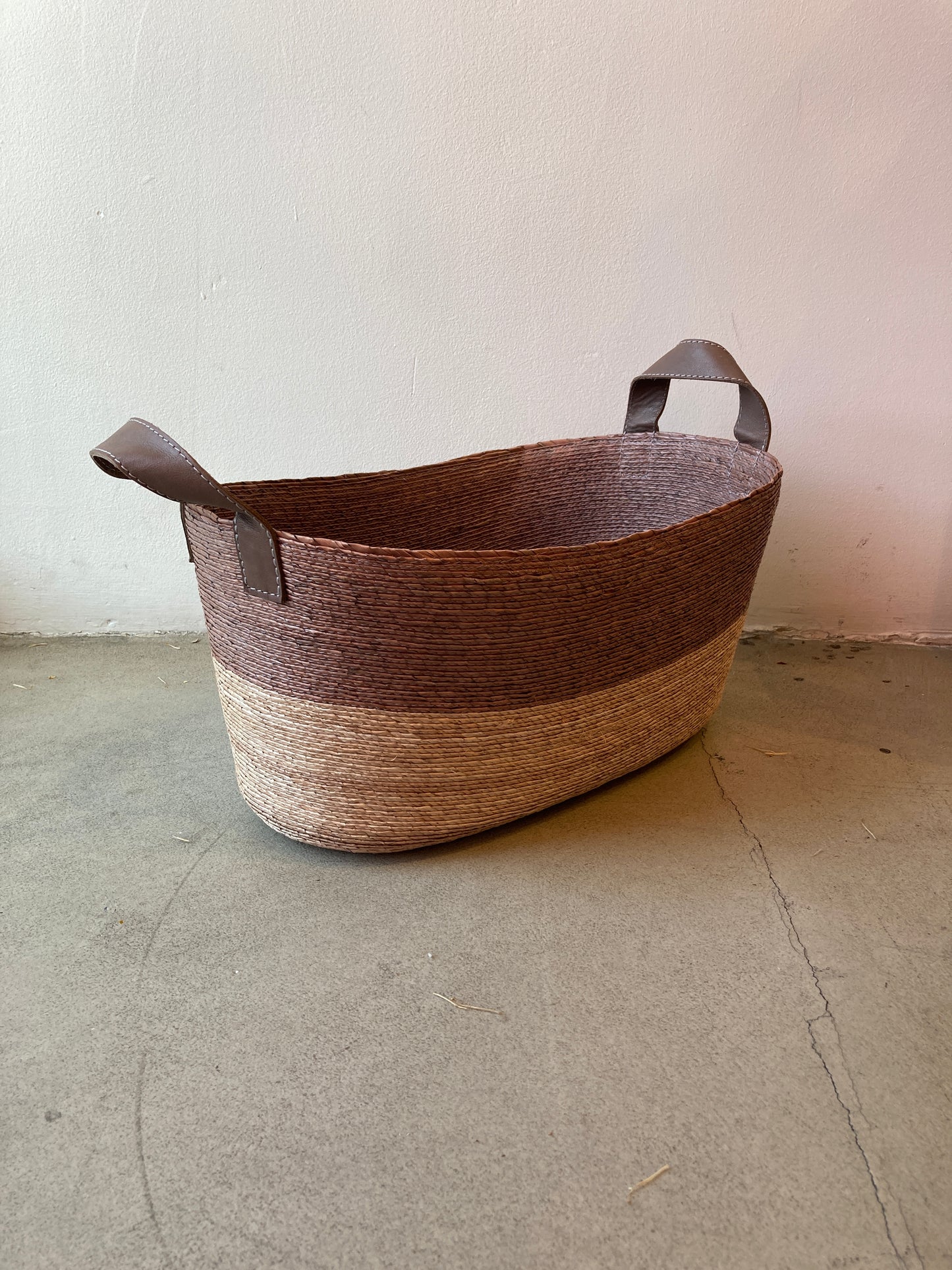 Handwoven Natural Palm Basket with Leather Handles
