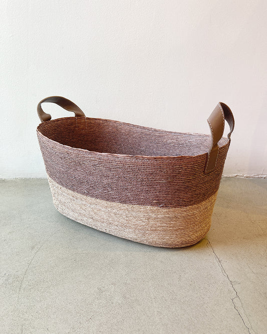 Handwoven Natural Palm Basket with Leather Handles