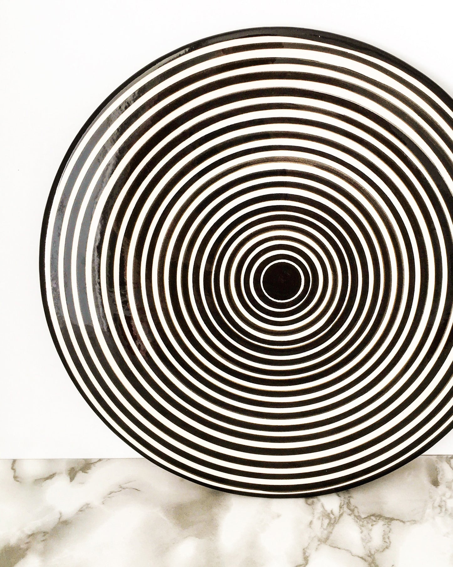 Handmade ceramic platter geometric pattern black and white B&W