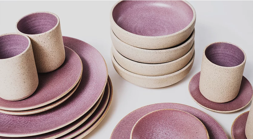 Handmade ceramic plates cups bowls lavender purple organic texture