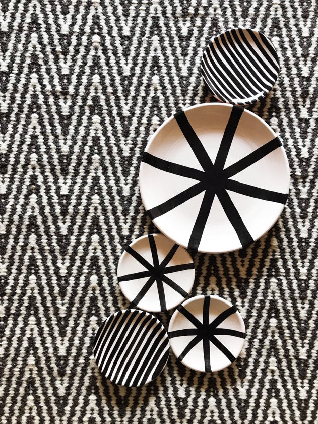 Handmade ceramic saucer plates geometric pattern black and white B&W
