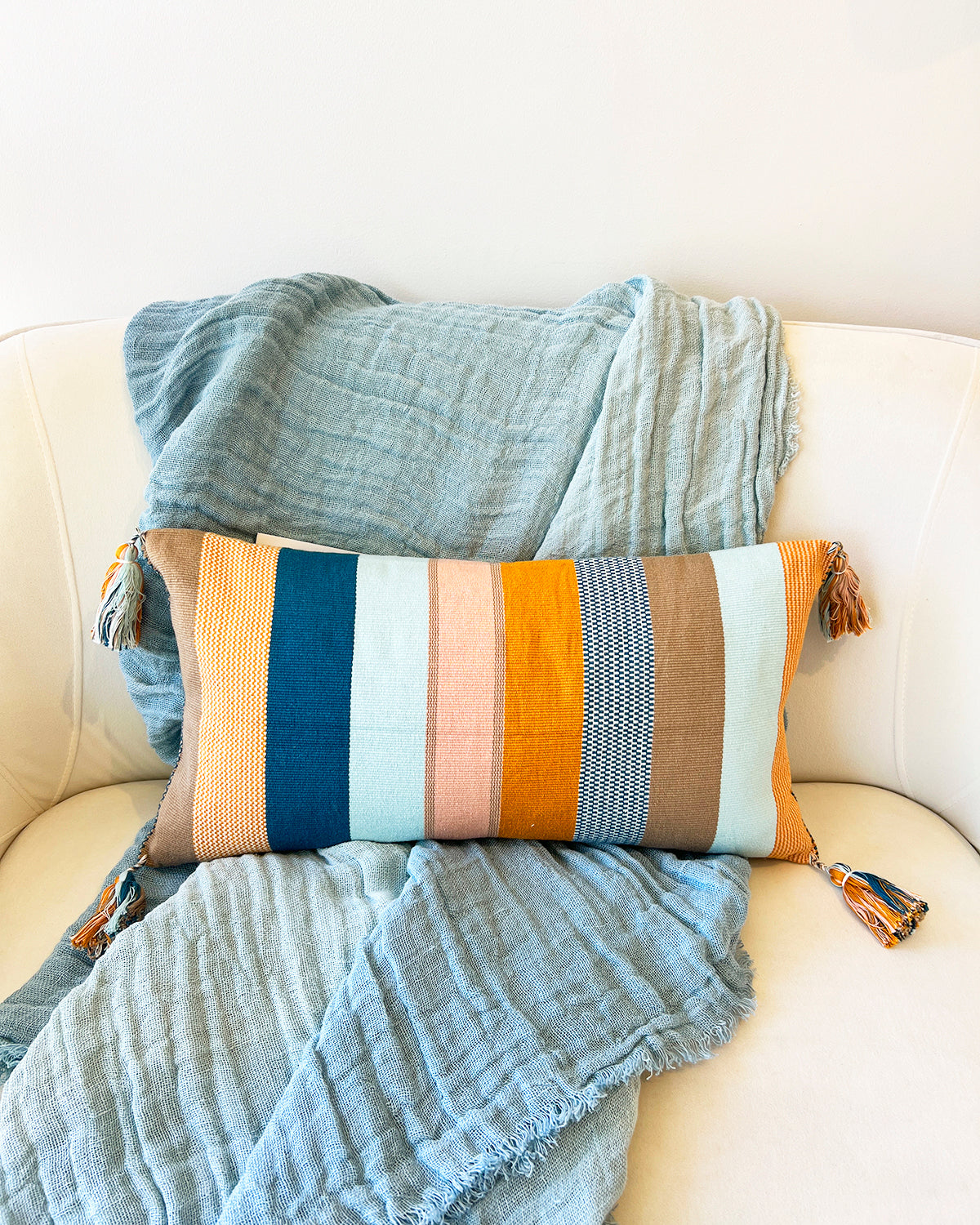 SALE Blue Hand-Painted Open-Weave Linen Throw