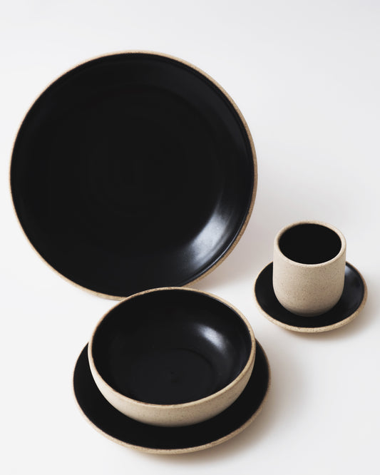 Handmade ceramic place setting plates cup bowl obsidian black organic texture