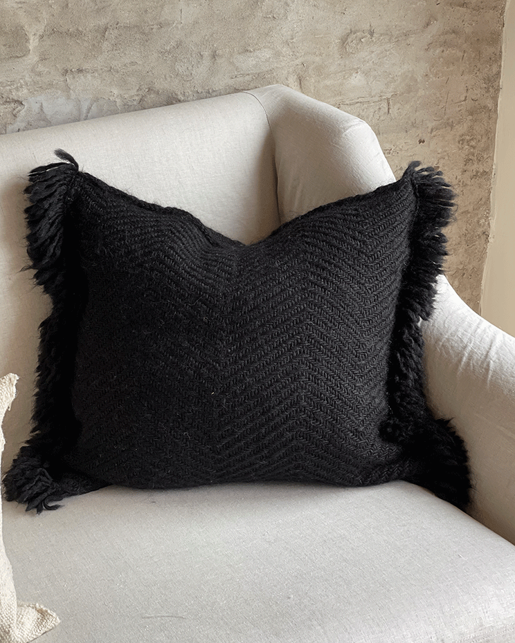 Awanay Black Fringe Llama Wool Pillow